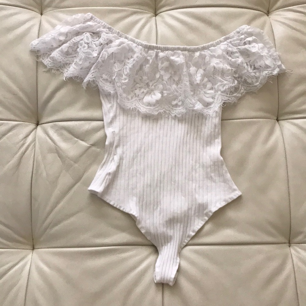 Lace Over the Shoulder Ribbed White Bodysuit